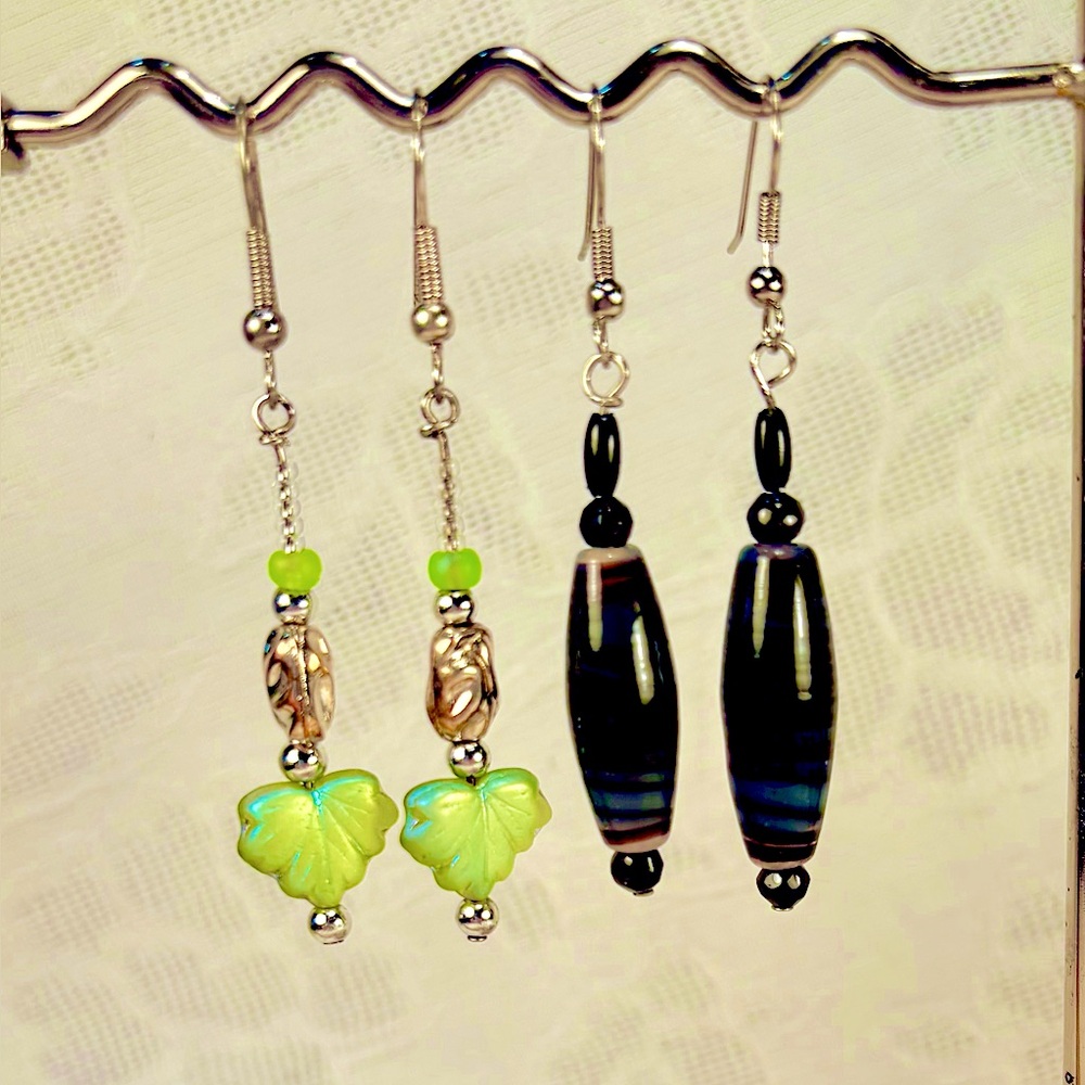 Earrings Pierced Handcrafted Unique Green Leaf + Silver beads & Brown Barrel